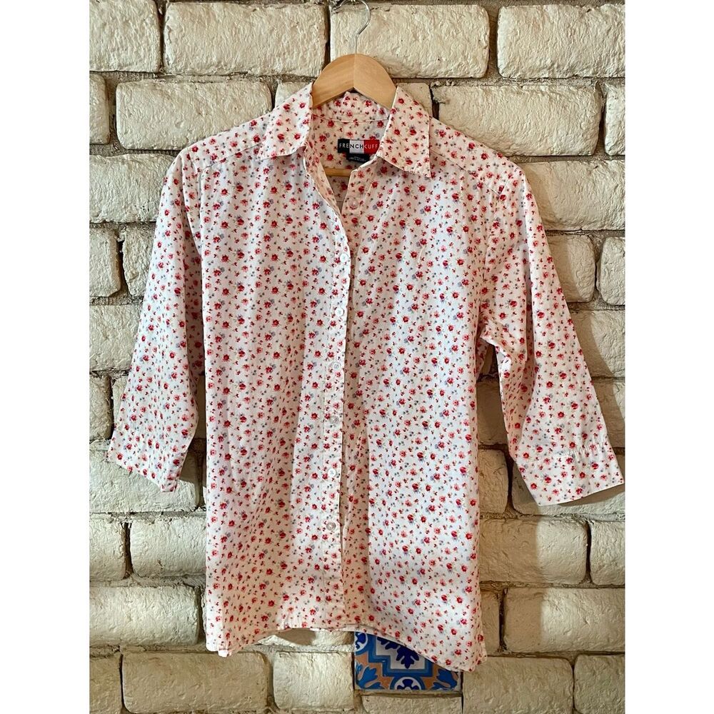 French‎ Cuff Cotton Button Down Shirt 3/4in Sleeves Women's Size Small